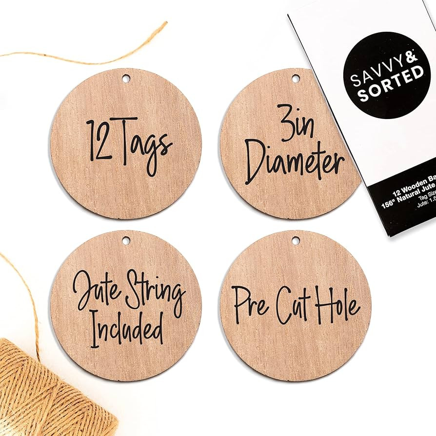 SAVVY & SORTED 12 Round Wood Tags with Precut Hole - 3" Wooden Tags Wood Circles for Crafts + Jut... | Amazon (US)