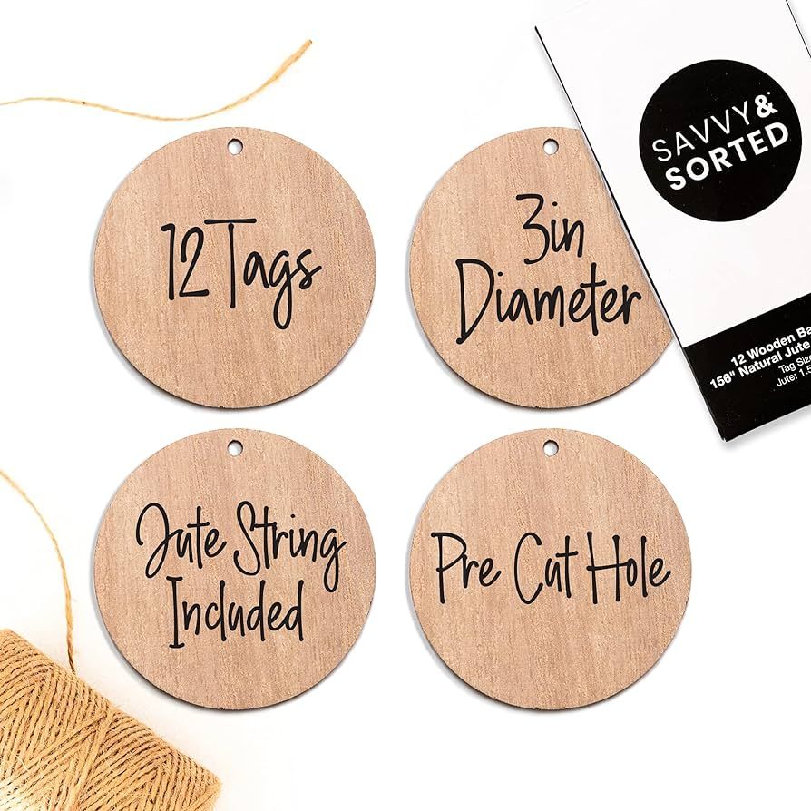 SAVVY & SORTED 12 Round Wood Tags with Precut Hole - 3" Wooden Tags Wood Circles for Crafts + Jut... | Amazon (US)