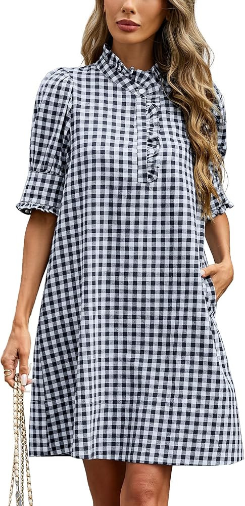 Women's Puff Short Sleeve Stand Ruffle Collar Summer Dress Casual A Line Shift Mini Dress with Po... | Amazon (US)