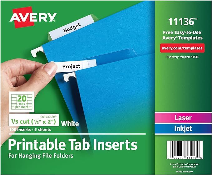 Avery Printable Tab Inserts for Hanging File Folders, 1/2" x 2", 1/5 Cut, White, 100 Index Tab In... | Amazon (US)