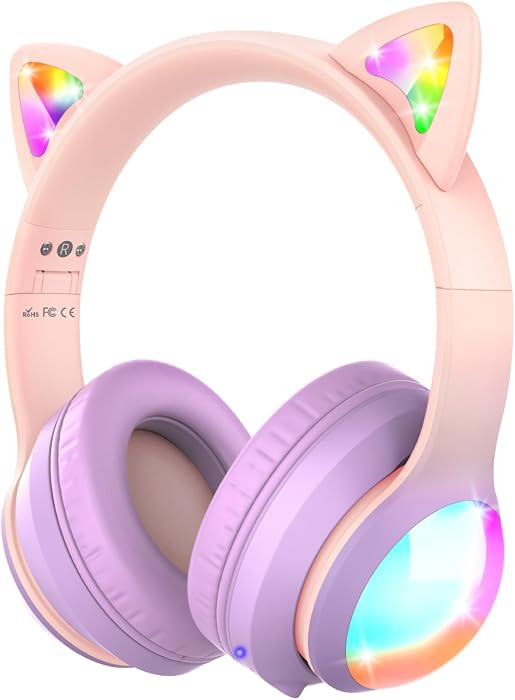 FosPower Kids Bluetooth 5.2 Headphones with LED Cat Ears (85/94dB Safe Volume Limit) Foldable Wir... | Amazon (US)