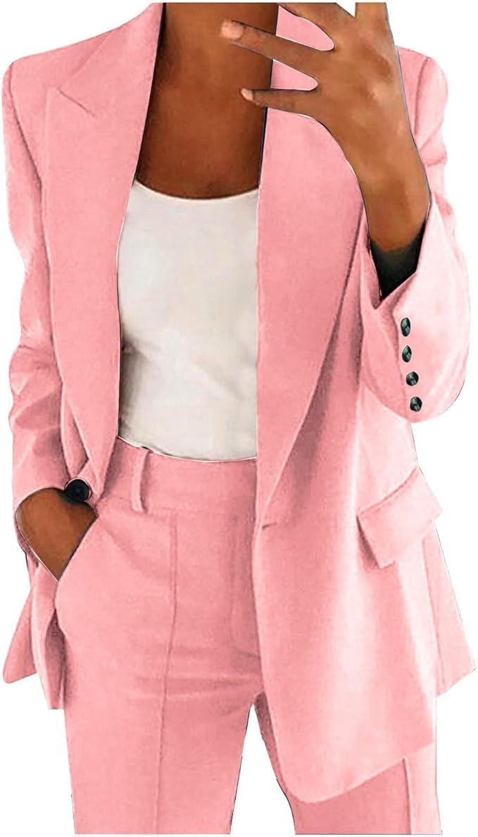 Womens Blazer Set 2 Piece Outfits Formal One Button Suit Jackets Pants Sets Casual Office Busines... | Amazon (US)