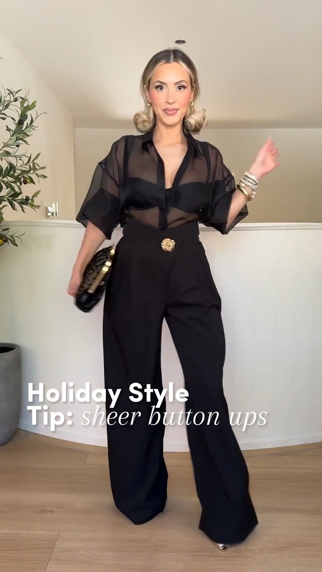 STYLE TIP: Styling sheer button ups for the holidays 😍👏🏼 

I'm wearing all button ups in a small! 

Jeans size 27 
Trousers size small & 4 

#LTKootd #LTKHoliday #LTKgrwm