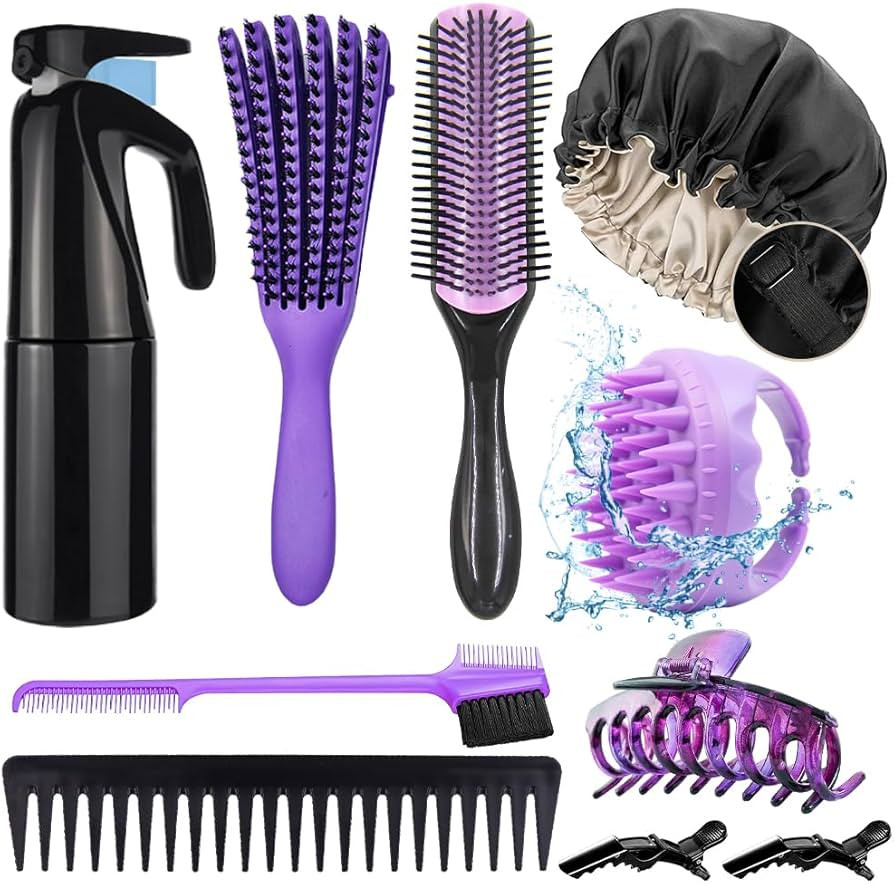 10Pcs Natural Hair Detangling Brush Set with Sleep Bonnet for Curly, Afro, African Black 3a to 4c... | Amazon (US)