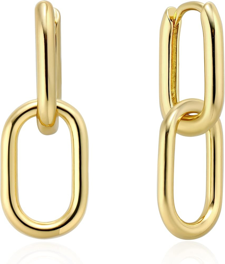 14K Gold Convertible Paperclip Link Earrings,925 Sterling Silver Post Geometric Circle Twist Hugg... | Amazon (US)
