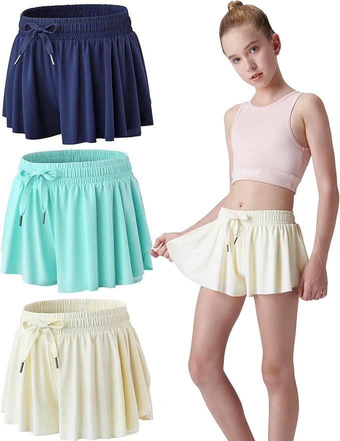 Amazon.com: 3 Pack Girls Flowy Shorts with Spandex Liner 2-in-1 Youth Butterfly Skirts for Fitnes... | Amazon (US)