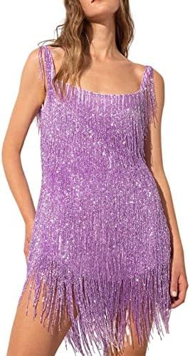 Women Spaghetti Strap Bodycon Mini Dress Glitter Tassels Sequin Fringe Sexy Party Glitter Sparkle... | Amazon (US)
