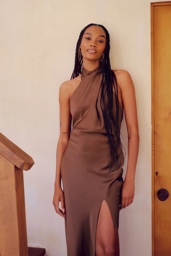 Beyond Classy Brown Satin Halter Midi Dress | Lulus