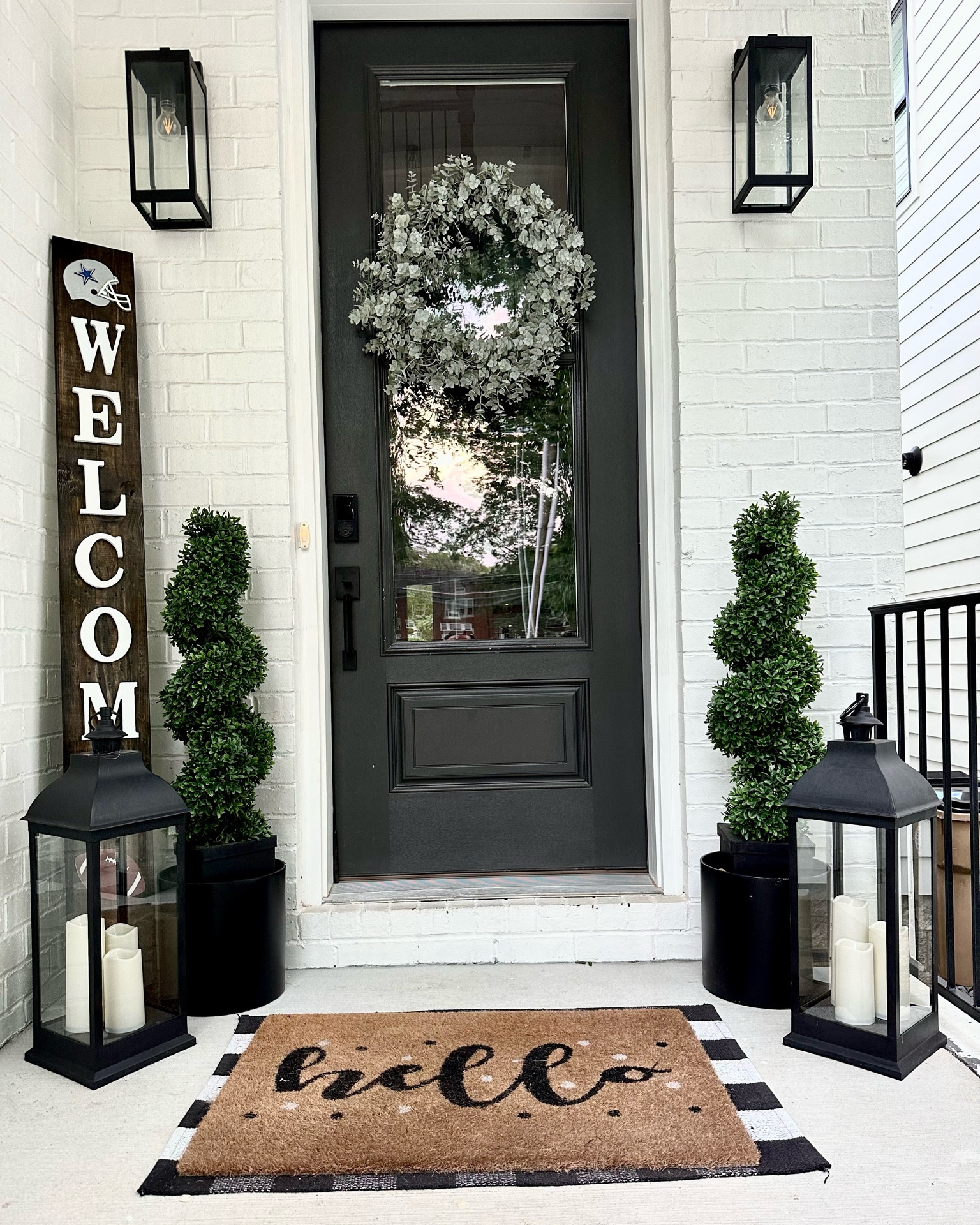 Black and white, buffalo plaid, cute front porch, Dallas cowboys, boxwood trees, prime day, amazon find, classic, modern farmhouse, welcome home, minimalist 

#LTKhome #LTKFind #LTKxPrimeDay