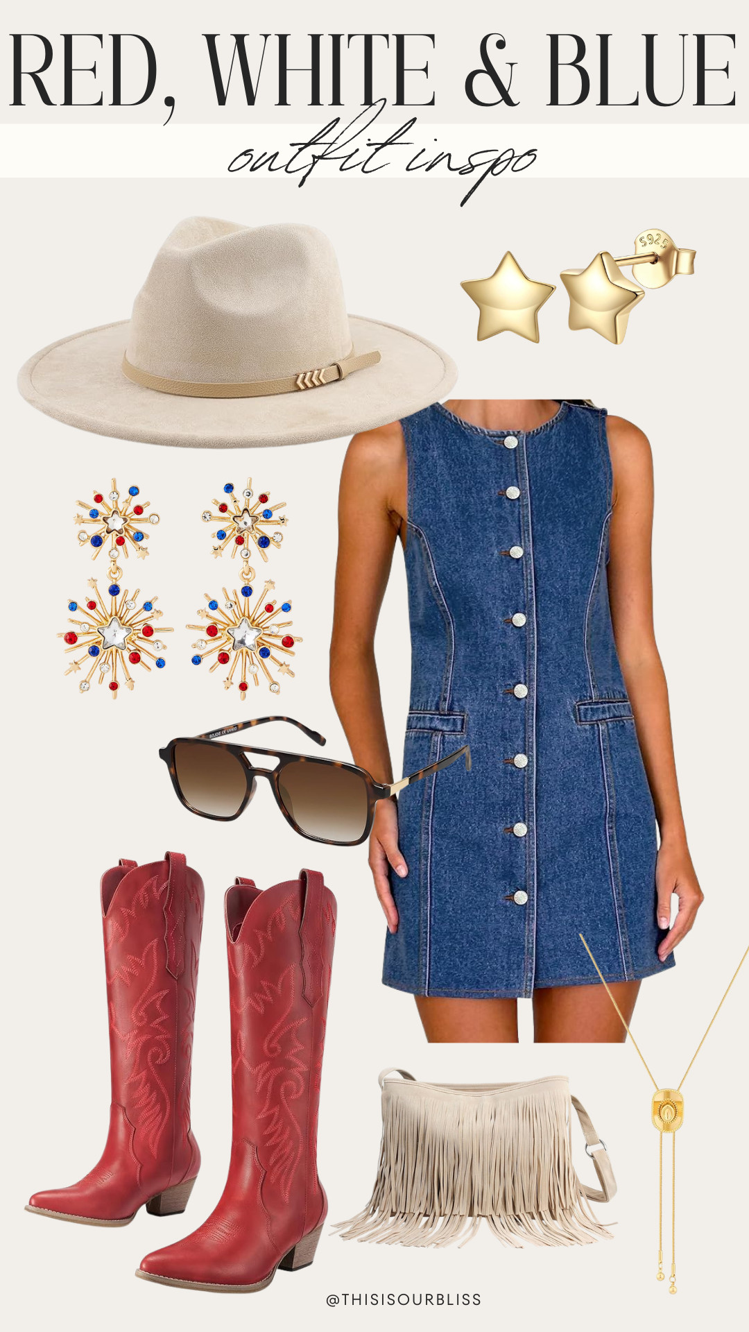 Red, white & blue 🇺🇸✨ Denim dresses + cowboy boots just feel like summer. Obsessed with this Memorial Day look featuring tall red boots, layered gold jewelry, and the cutest firework earrings ❤️🤍💙 #MemorialDayStyle #WesternChic #patrioticoutfit  

 #LTKootd #LTKSeasonal