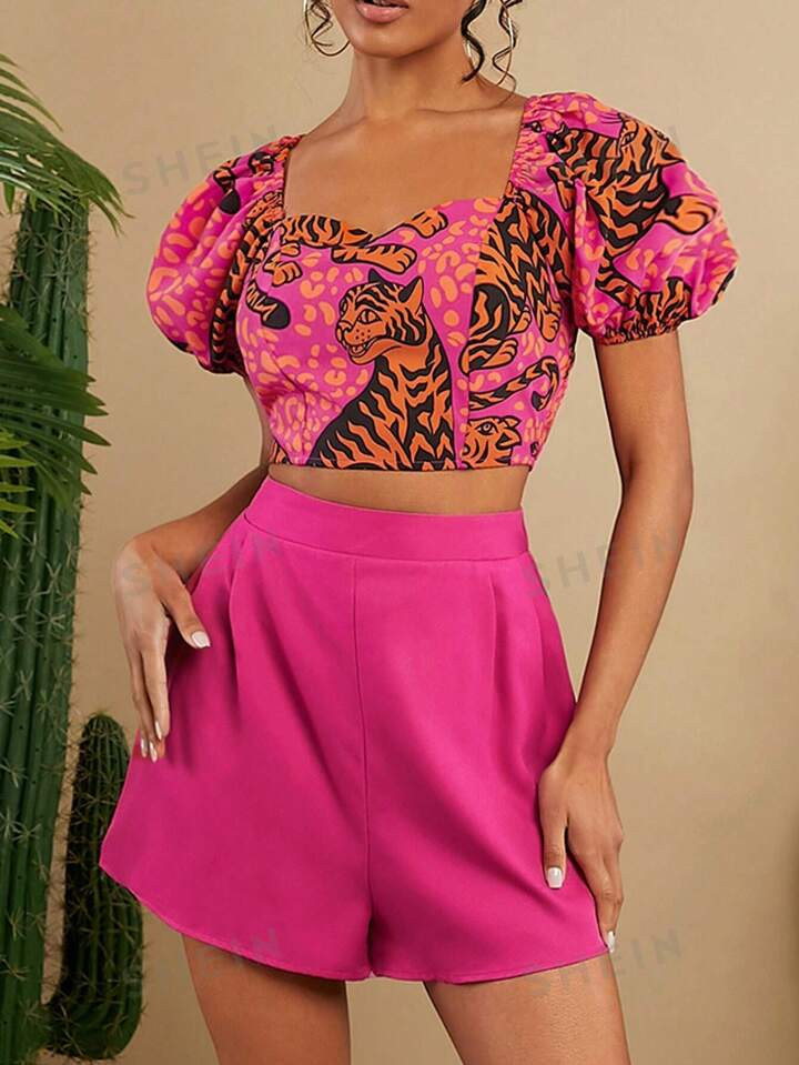 SHEIN VCAY Vacation Spring And Summer Woven Tiger Leopard Print Bubble Sleeve Crop Top And Shorts... | SHEIN