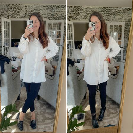 Todays simple style with a white blouse and black leggings. The loafers for the warmer part of the day and the boots for the colder part

#LTKSeasonal #LTKover40