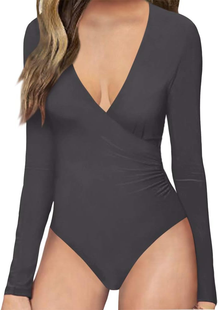 MANGOPOP Women's Surplice Ruched Plunge Neck Deep-V Short Sleeve/Long Sleeve Bodysuit Jumpsuits | Amazon (US)