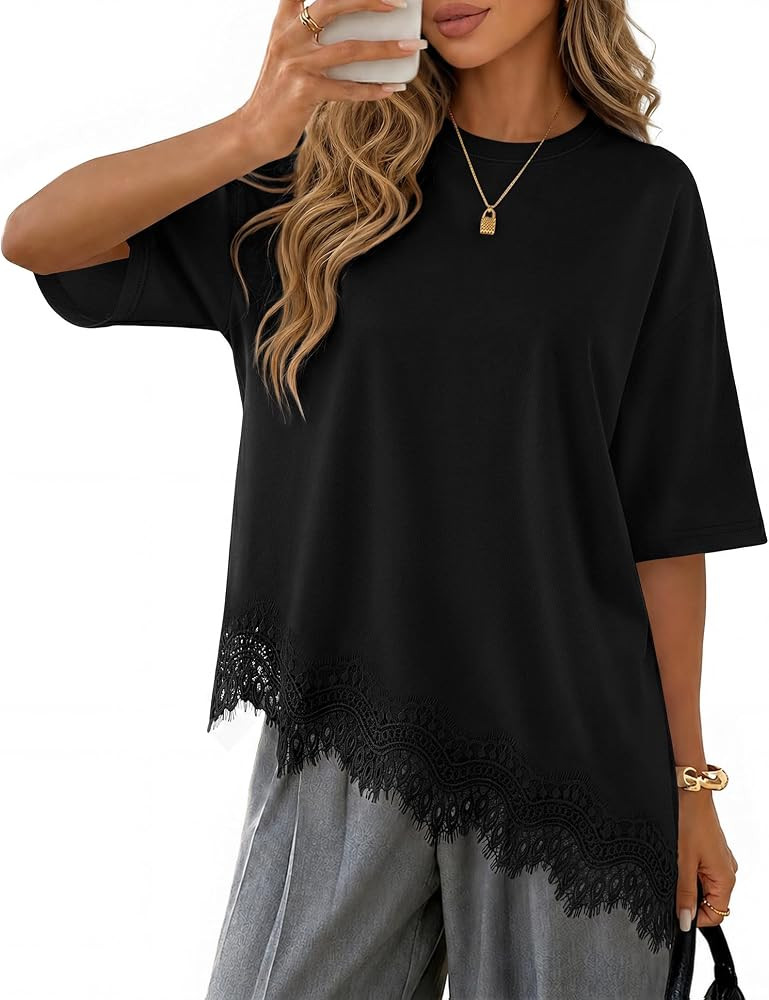 ZESICA Women's Summer Oversized T-Shirts Asymmetrical Lace Going Out Tops | Amazon (US)