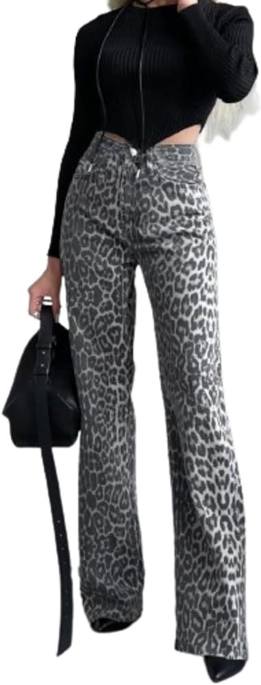 Aesthetic Pants Leopard Jeans Leopard Print Pants Baggy Jeans Streetwear Straight Leg Pats Y2k Pa... | Amazon (US)