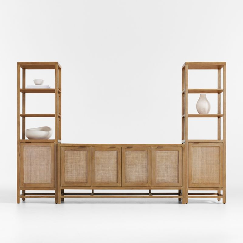 Blake 112" Light Brown Teak and Rattan Storage Media Console Set + Reviews | Crate & Barrel | Crate & Barrel