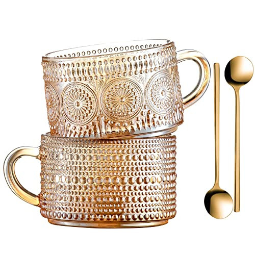Gezzeny Vintage Coffee Mugs 14 Oz Set of 2 Amber Embossed Glass Tea Cups for Cappccino, Latte,Cereal, Yogurt, Beverage Christmas Thanksgiving Day Gifts | Amazon (US)