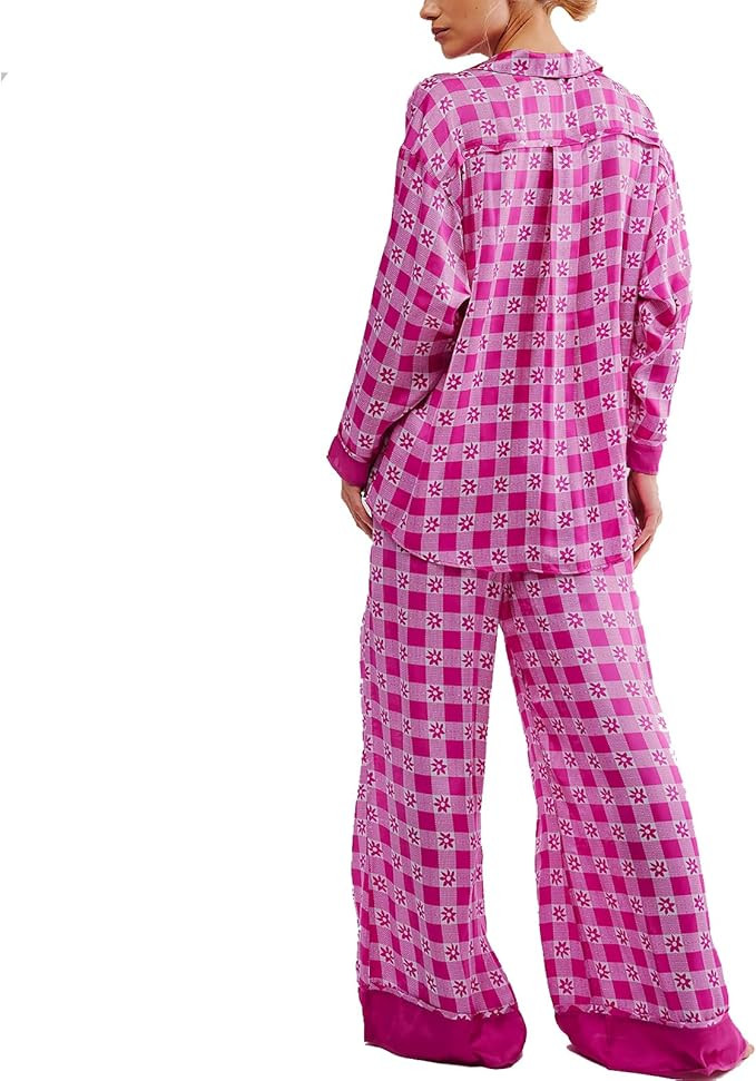 Women Satin Pajama Set Floral Silk Pajamas 2 Piece Lounge Sets Button Down Shirts Wide Leg Pants ... | Amazon (US)