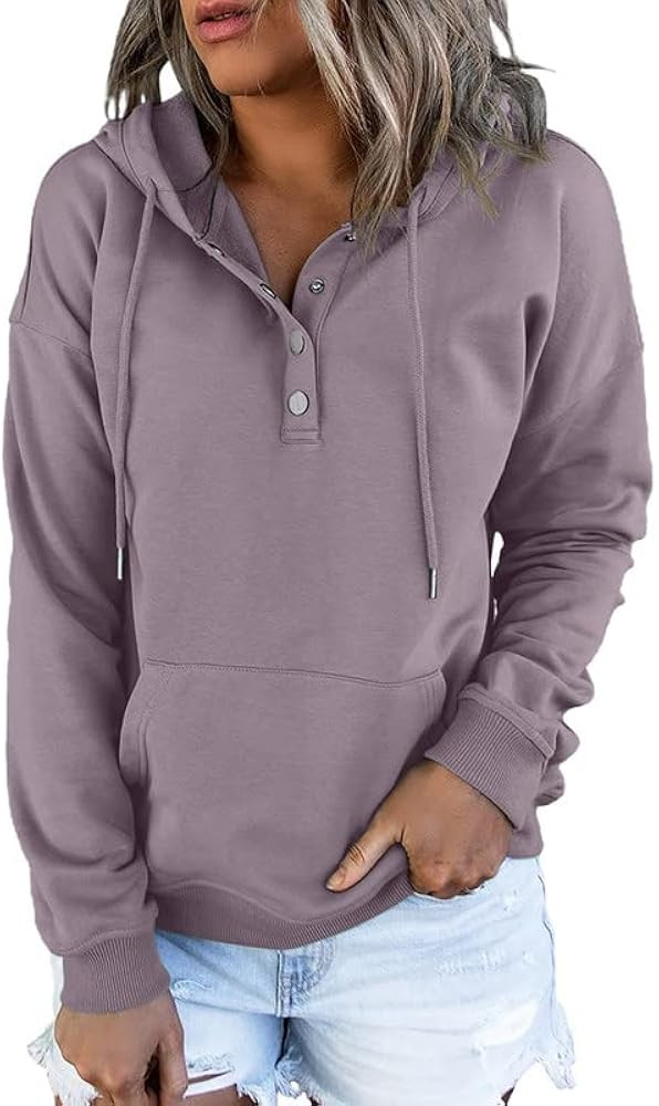 Dokotoo Womens 2025 Hoodies Button Collar Drawstring Hooded Pullover Sweatshirt Casual Long Sleev... | Amazon (US)