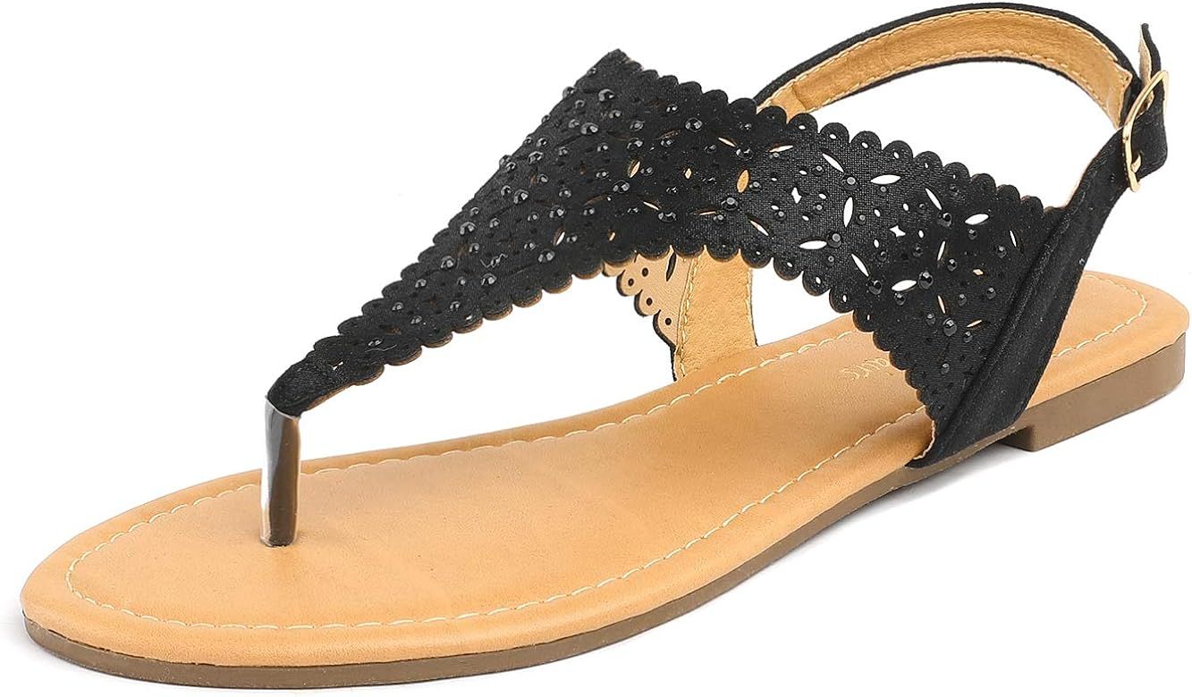 DREAM PAIRS Women's Rhinestone Casual Wear Cut Out Flat Sandals | Amazon (US)