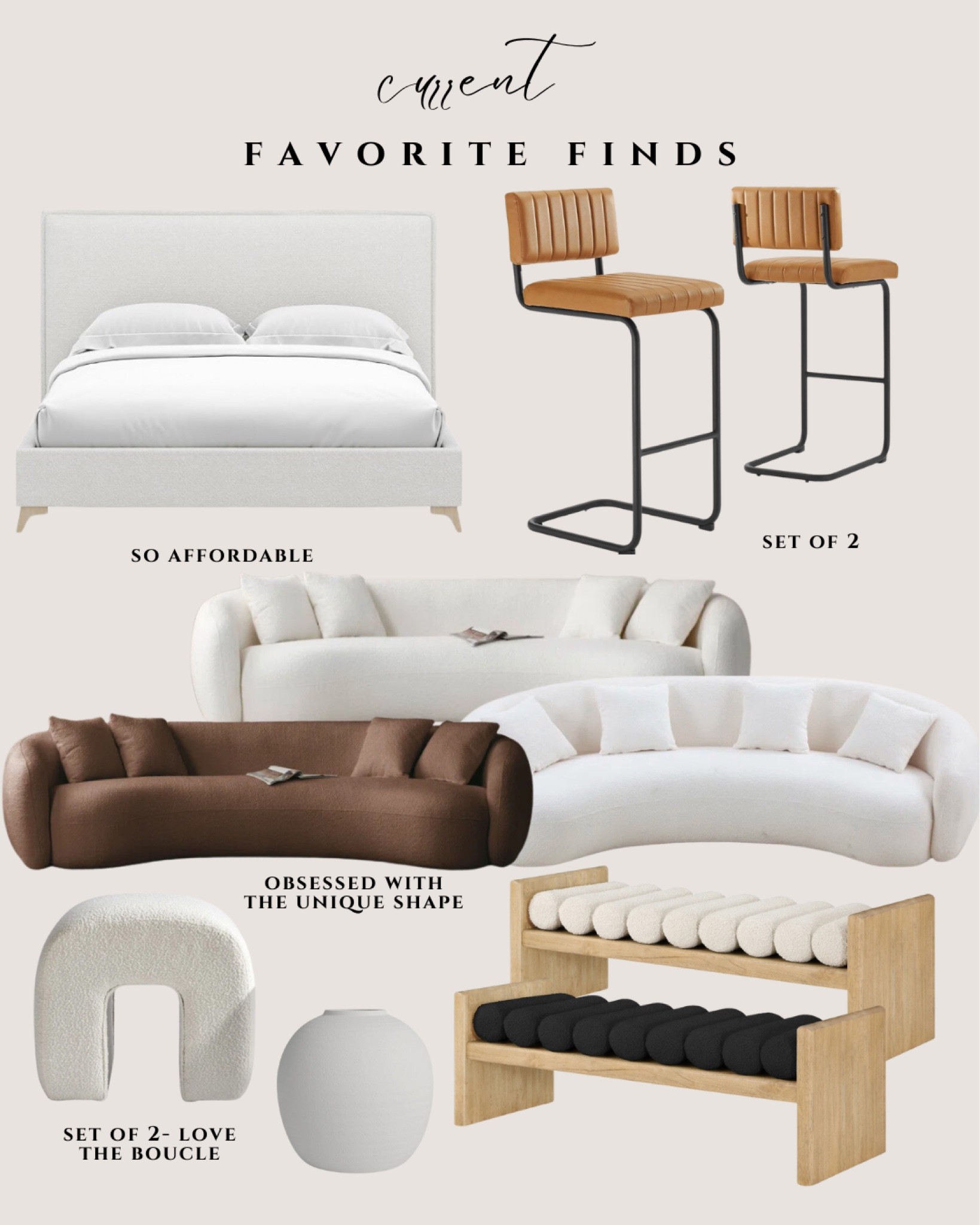 Current favorite finds. Bed. Bar stools. Couches. Ottoman. Bench. Modern home decor. Trending. Best sellers. Viral  

#LTKSeasonal #LTKStyleTip #LTKHome