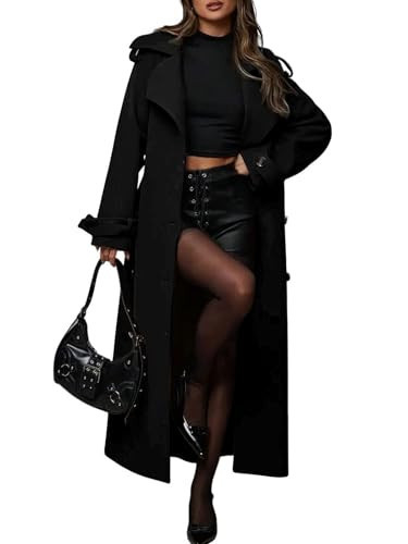 utcoco Women's Long Wool Trench Coat Oversized Notch Lapel Double Breasted Belted Maxi Winter Pea Coat (Small, Black) | Amazon (US)
