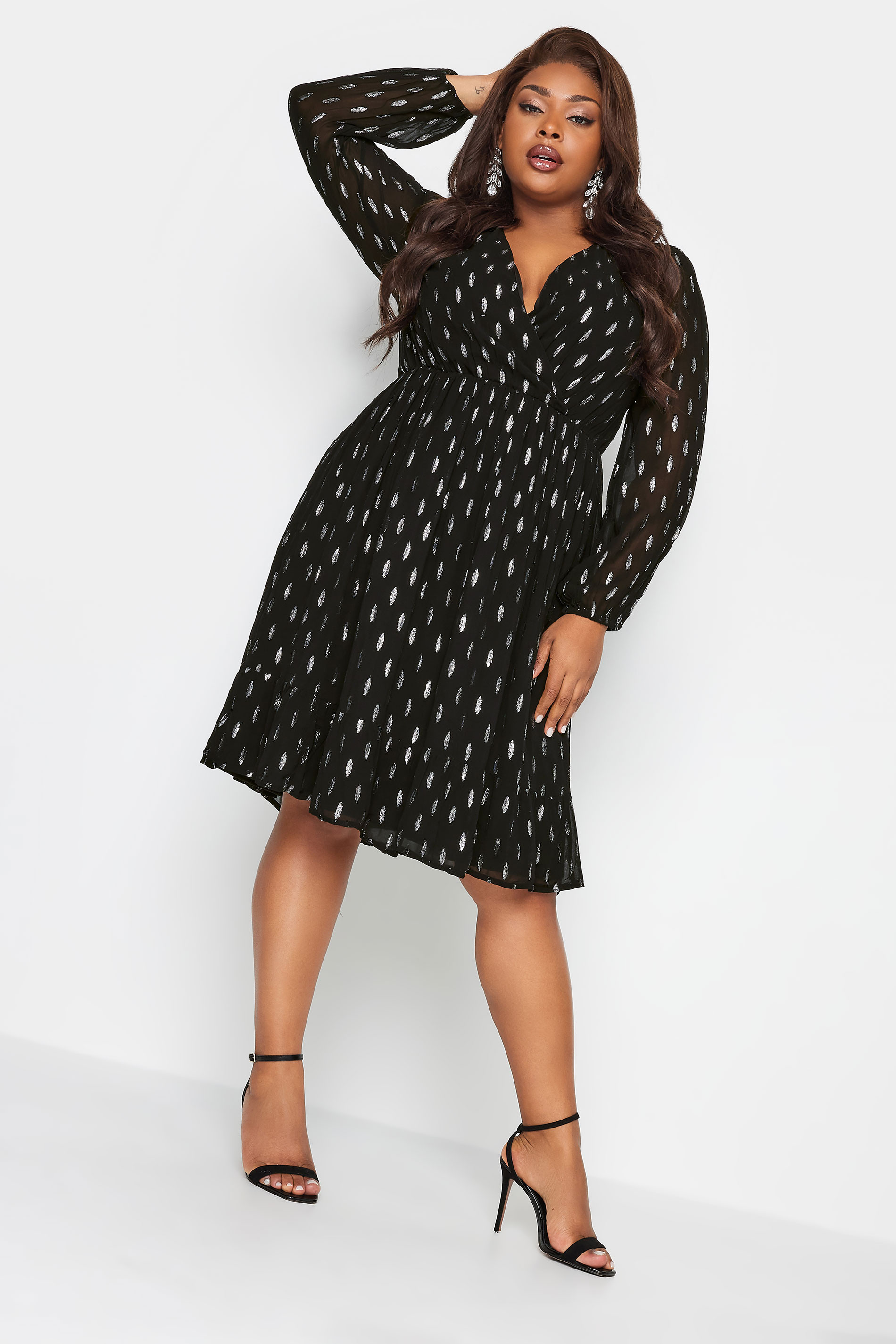 YOURS LONDON Plus Size Black Metallic Detail Wrap Dress | Yours Clothing UK