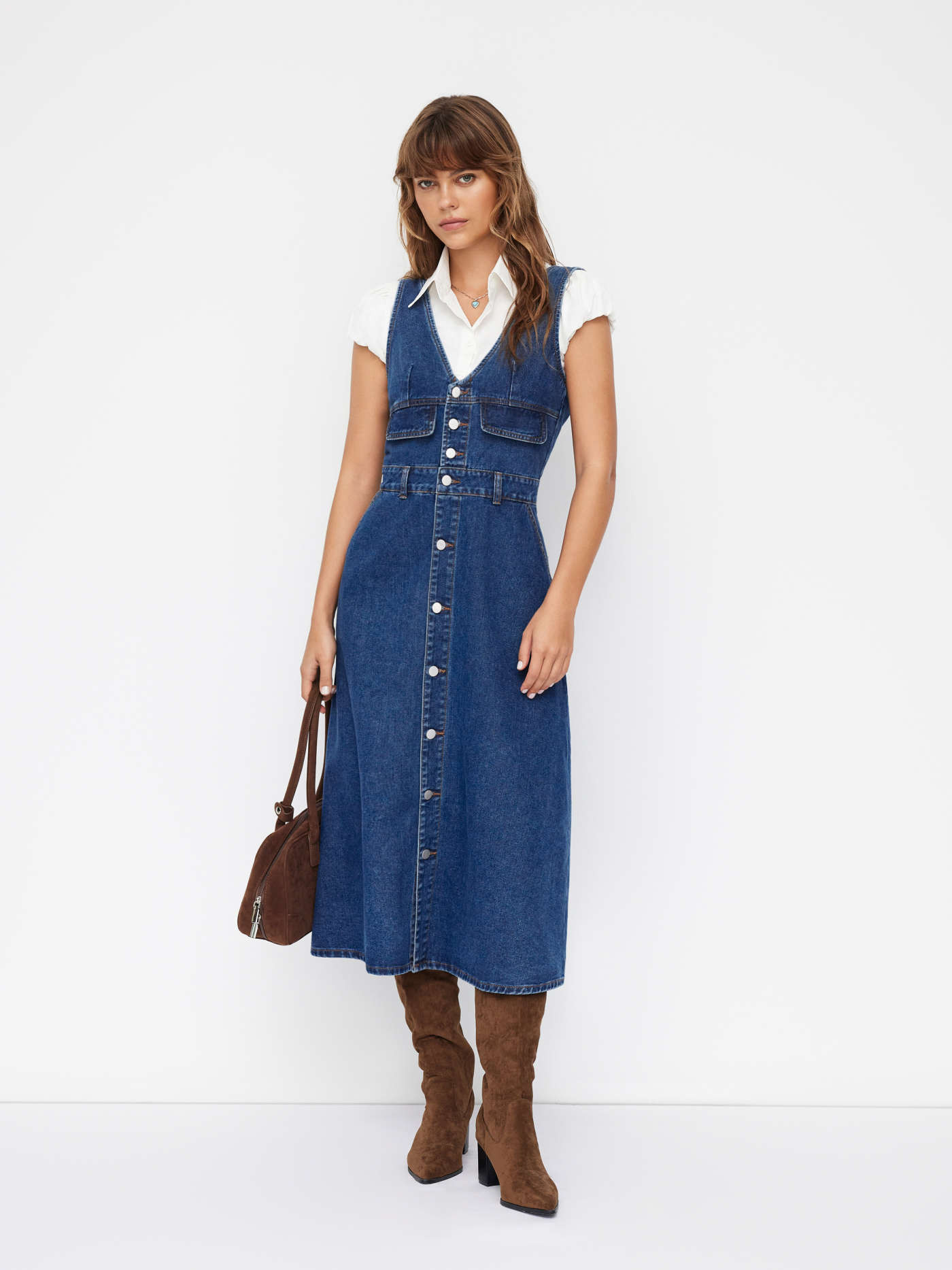 Denim Cider Denim V-neck Button Maxi Dress For Daily Casual Work | Cider