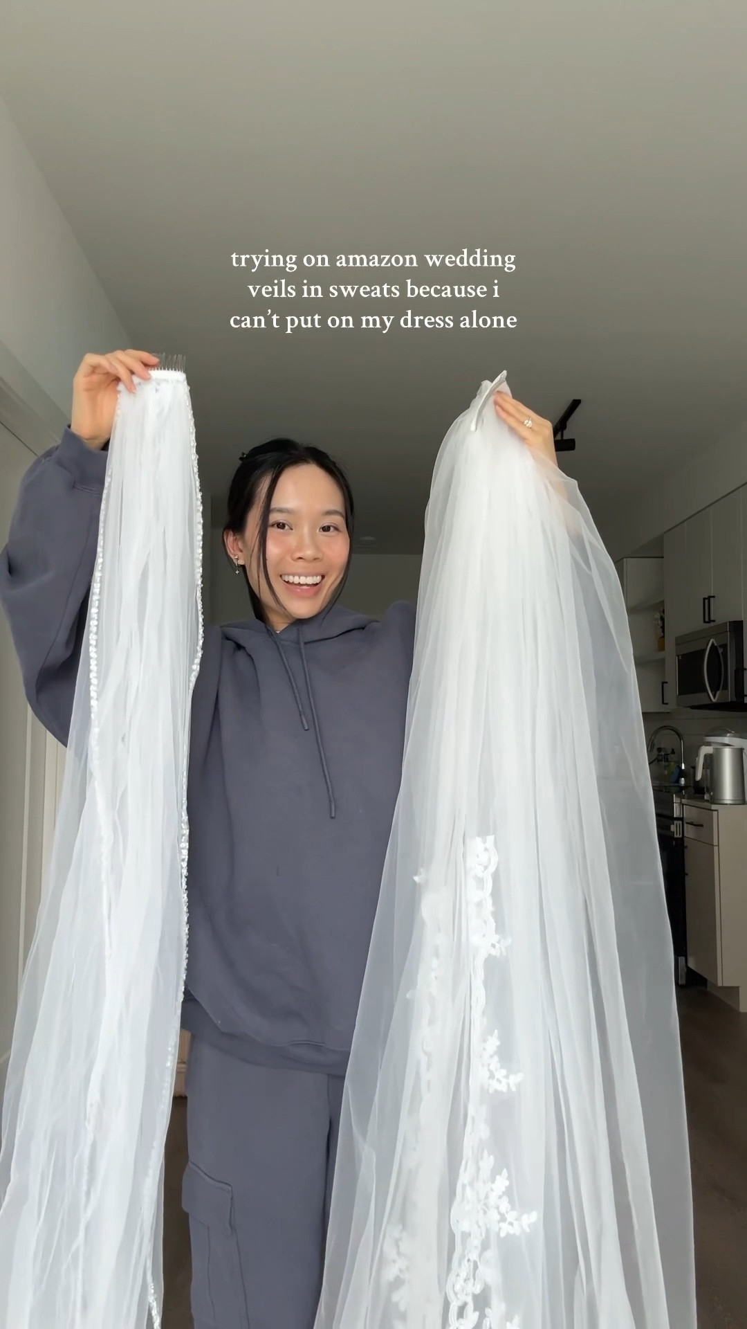 trying on cathedral length wedding veils from amazon all in whitee
1 - beaded crystal trim
2- floral patterned trim
3- classic veil 

#LTKFindsUnder50 #LTKWedding #LTKTravel