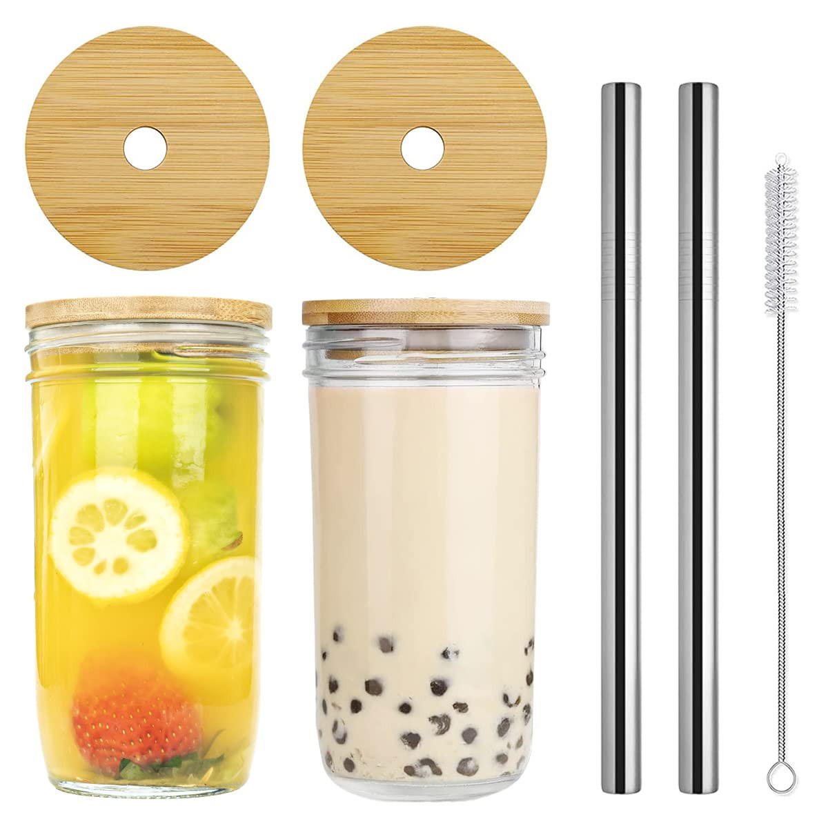 AmzFan Glass Cups with Lids and Straws, 24oz Jar Cups with Lids and Straws, Reusable Mason Jar Cups with Lids and Straws, Mason Jar Drinking Glasses (2PCS-24 OZ) | Amazon (US)