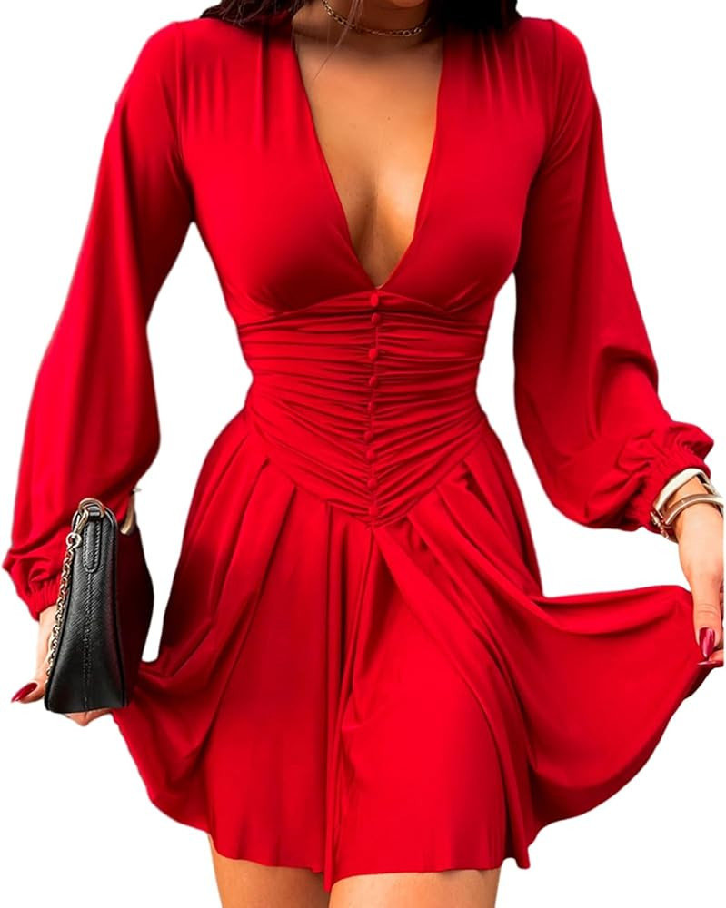 Women Elegant V-neck Dress Polyester Women's Lantern Sleeve Slim Fit Waist-cinching A-hem Mini fo... | Amazon (US)