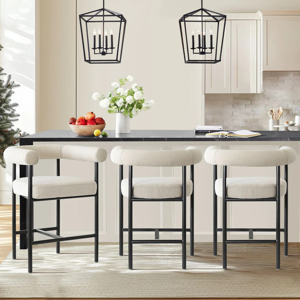 New York 24" Boucle Counter Stool with Arms (Set of 3) | Pop Maison