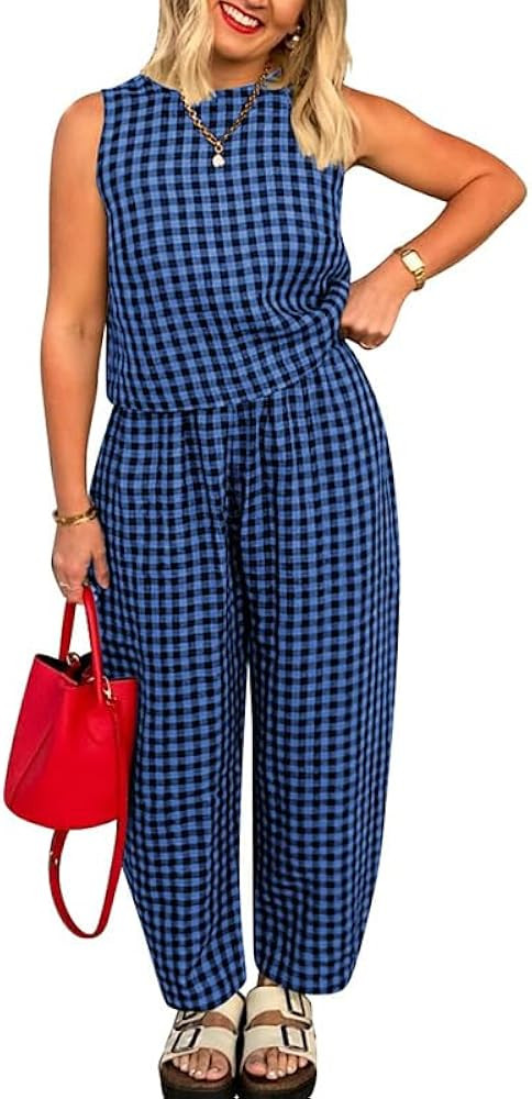 Women 2 Piece Summer Outfits Plaid Sleeveless Lounge Wear Sets Crop Tanks and Long Pant Sets with... | Amazon (US)