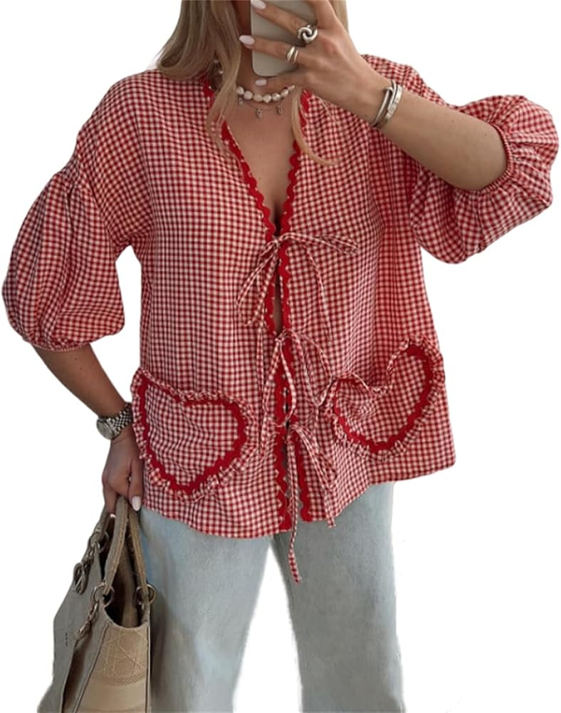 Love Heart Embroidery Peplum Blouse for Women Short Puff Sleeve Tie Front Shirt Y2k Girls Cute Ba... | Amazon (US)