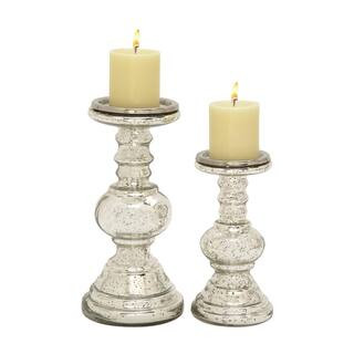 Silver Glass Handmade Turned Style Pillar Candle Holder (Set of 2) | The Home Depot