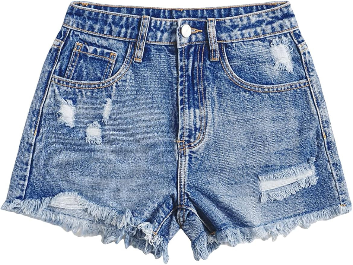 Floerns Women's Raw Hem High Waist Denim Shorts with Pocket | Amazon (US)