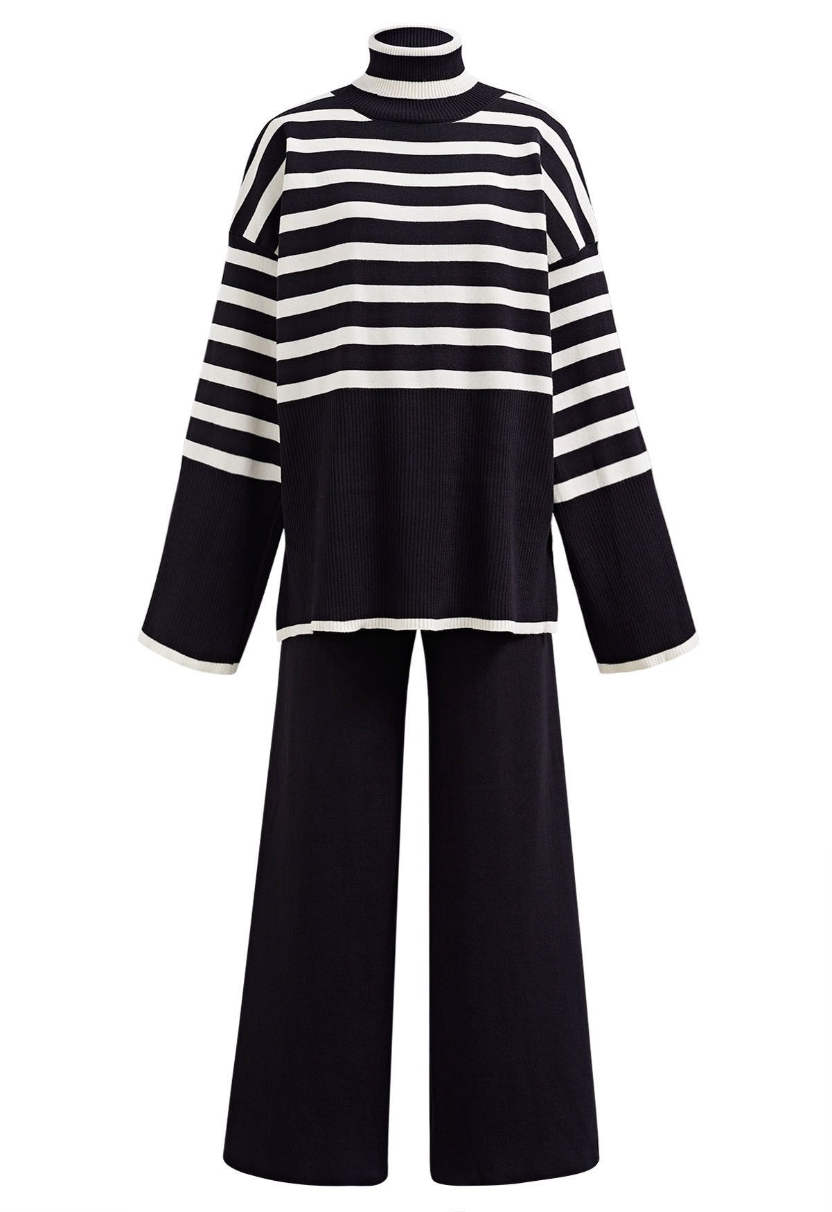 Stripe Turtleneck Knit Sweater and Pants Set in Black | Chicwish