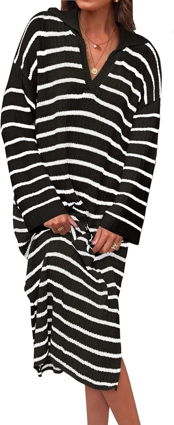 ZESICA Women’s Fall Striped Sweater Dresses 2024 Casual Long Sleeve Lapel V Neck Knit Side Slit... | Amazon (US)