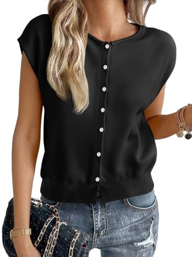 Cicy Bell Womens Cap Sleeve Sweater Vest Lightweight Casual Knit Tank Tops Trendy Crew Neck Butto... | Amazon (US)