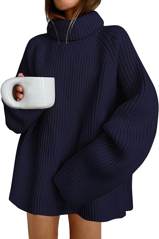LILLUSORY Women's Oversized Turtleneck Chunky Knit Sweater Loose Fit Ribbed Tunic Mini Sweater Dr... | Amazon (US)