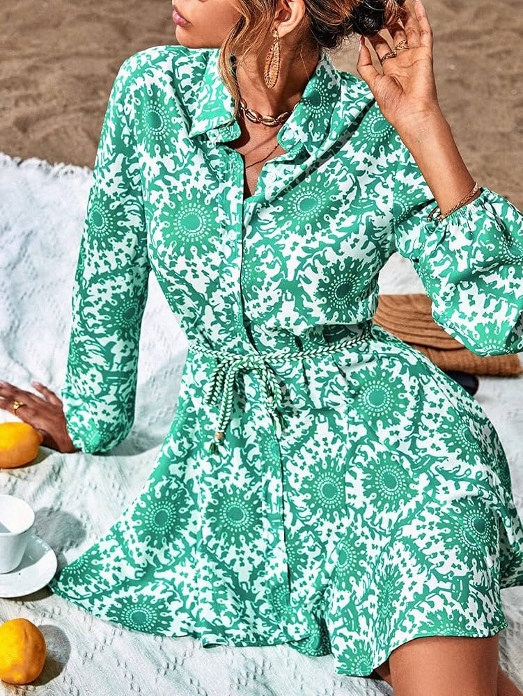 Amazon.com: DANCOLOR Random Allover Print Lantern Sleeve Belted Shirt Dress High Waist A Line Sum... | Amazon (US)