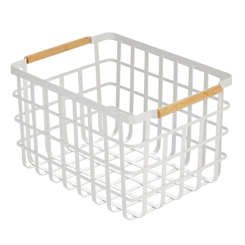 mDesign Metal Closet Organizer Bin Basket with Wood Handles, Matte White/Natural | Target