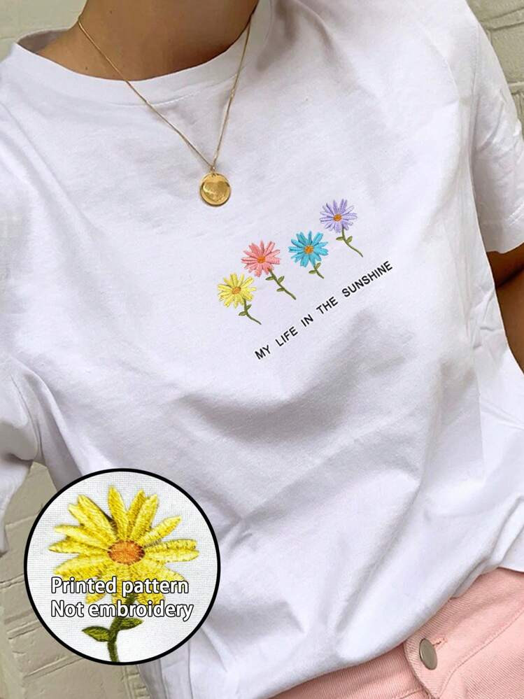 SHEIN EZwear Women's Casual Slogan Print & Cute Floral Embroidery Round Neck Short Sleeve T-Shirt | SHEIN