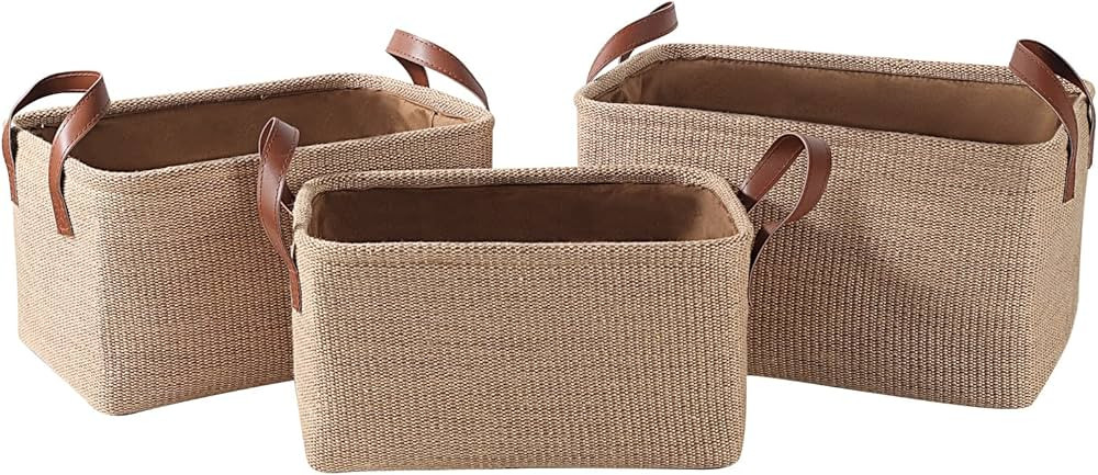 3 pieces of fabric storage bins, foldable jute woven storage basket with leather handle for easy ... | Amazon (US)
