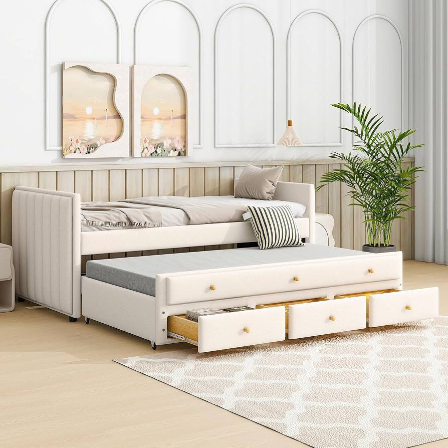 SOFTSEA Twin Upholstered Daybed with Trundle & 3 Drawers, Modern Velvet Daybed with Trundle and S... | Amazon (US)