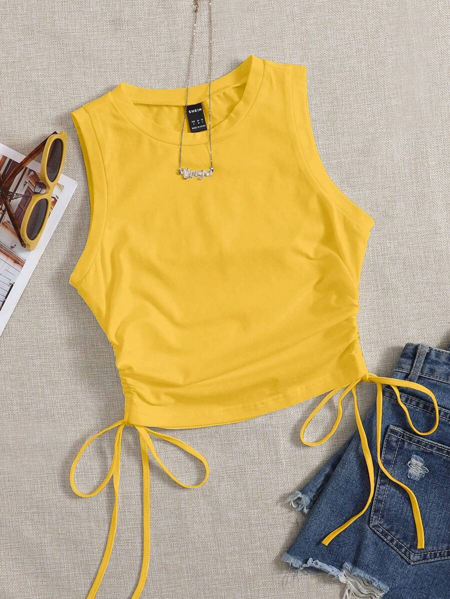 SHEIN EZwear Solid Round Neck Casual Drawstring Side Crop Tank Top | SHEIN