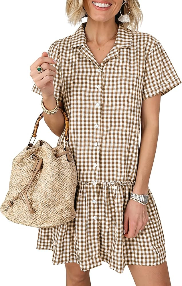 Daacee Women Cotton Gingham Shirt Dress Short Sleeve Button Down Ruffled Babydoll Plaid Dresses S... | Amazon (US)