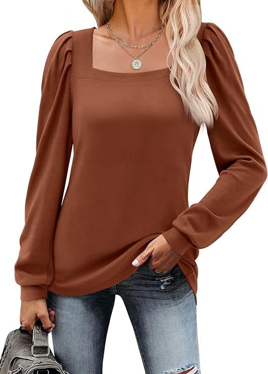 MIHOLL Womens Long Sleeve Tops Square Neck Puff Sleeve Casual Loose Blouse T Shirts | Amazon (US)