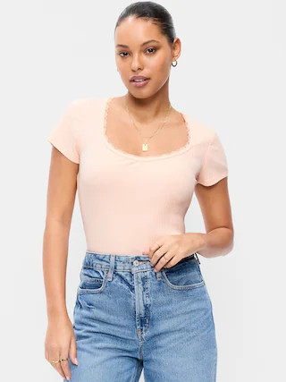Lace-Trim Sweetheart-Neck Ribbed Top | Old Navy (US)