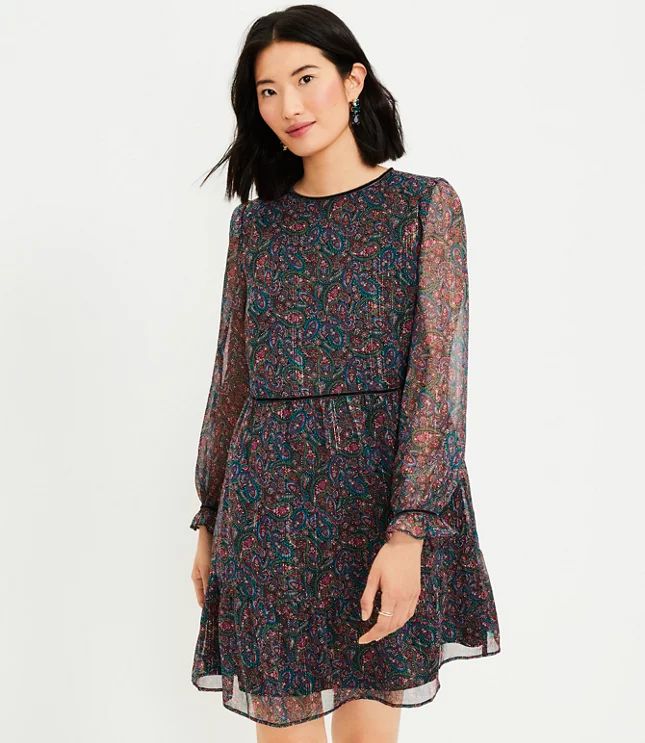 Shimmer Paisley Velvet Trim Swing Dress | LOFT